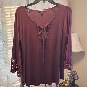 Cable & Gauge Deep Burgundy Lace Accent Blouse